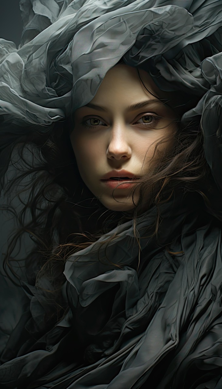 Portrait of a woman with sensual expression, highlighting her eyes and face, draped in elegant cloth material – embodying the charm of Kurti Tales.