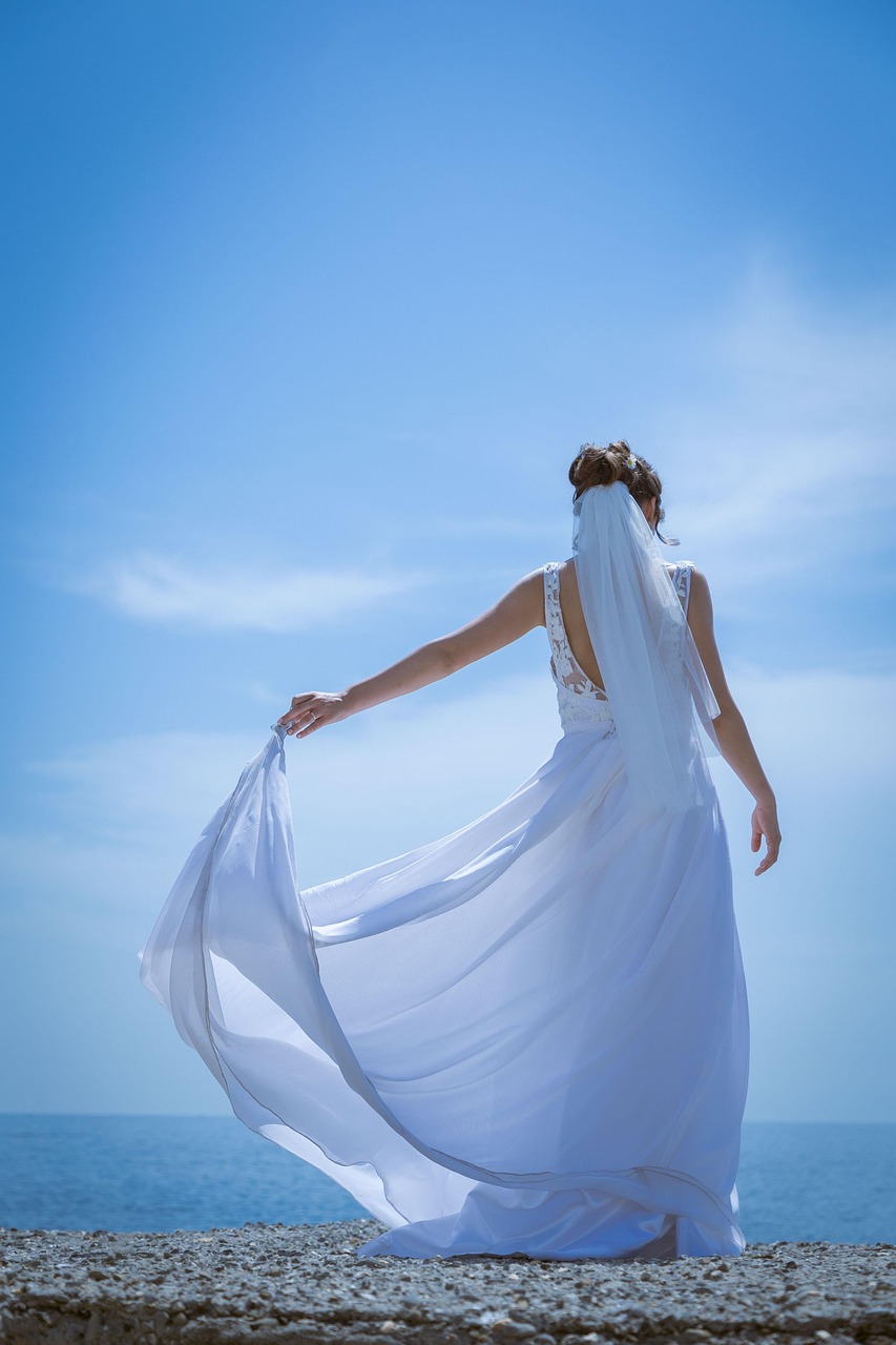 Bride, dress, wedding, fashion, back, white dress, wedding dress, woman, model, nature, sky, dream, shore, beach, featuring Colours Trendz kurtis.